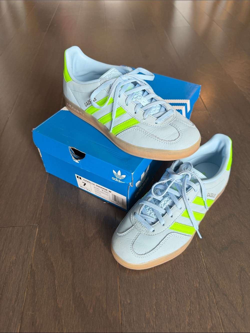 Adidas Gazelle indoor clear sky blue solar green sneakers